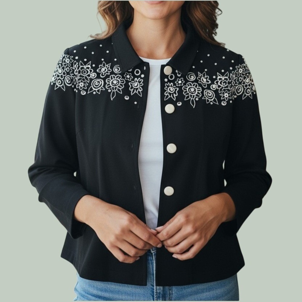 Bob Mackie Wearable Art Black Floral Embroidered Button Front Blazer L